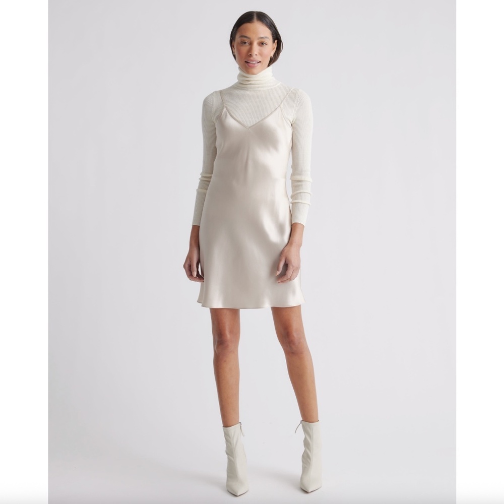 Quince 100% Washable Silk Mini Slip Dress in Champagne